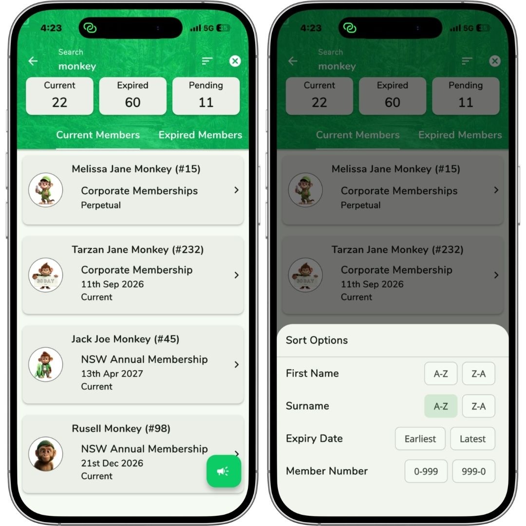 Search member database on app