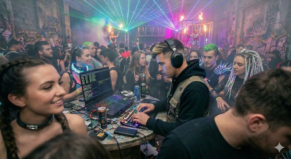 AI image of person coding at a rave